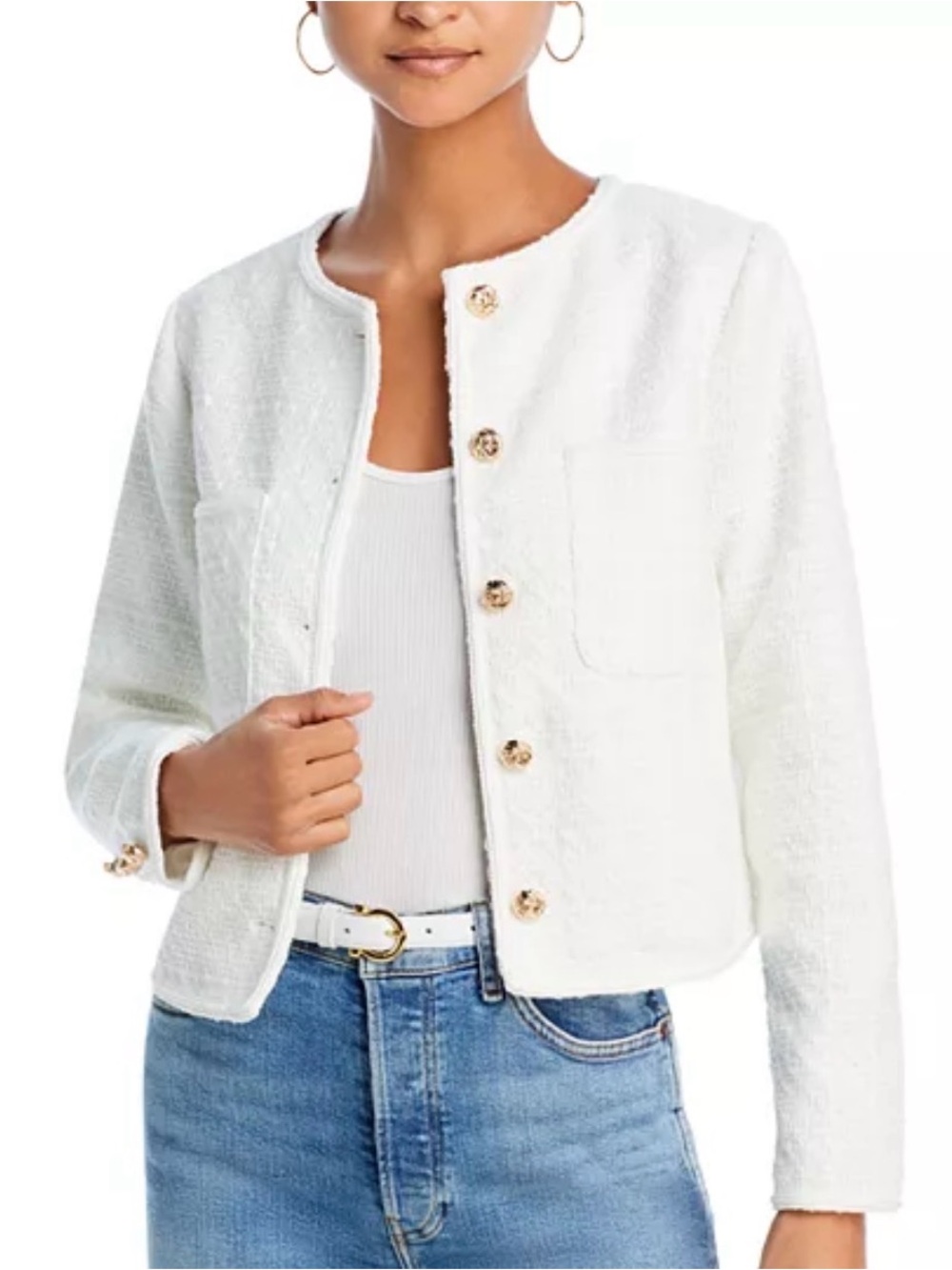 Aqua tweed jacket, Bloomingdale’s exclusive, white. NWT Size Medium- stunning!